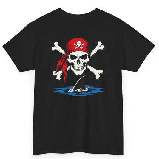 Black t-shirt with a skull and crossbones design featuring a red bandana on a white background