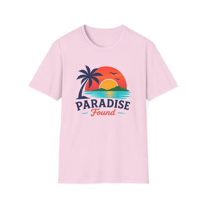 Light pink T-shirt with “Paradise Found” palm tree sunset front graphic