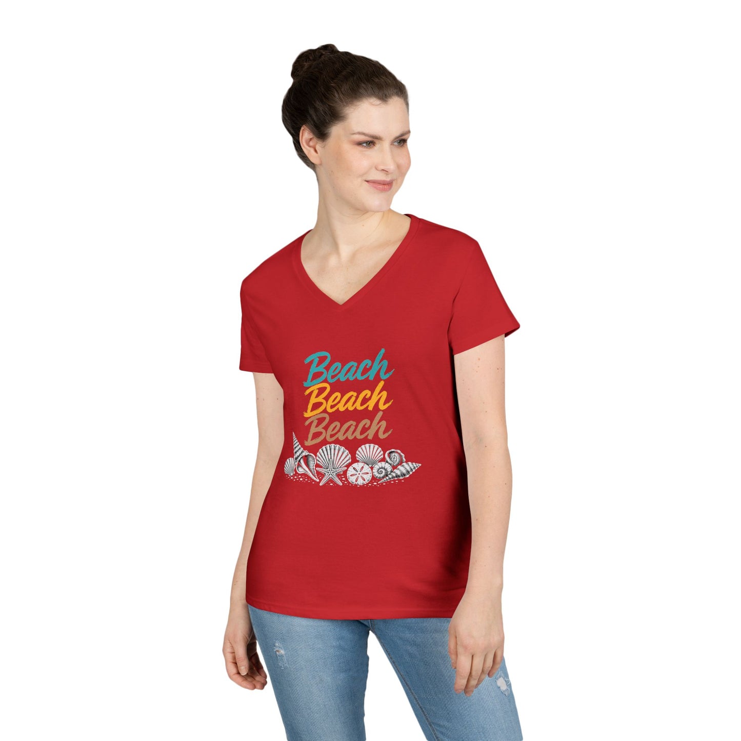 Beach Beach Beach Script V-Neck Tee — Women’s Casual Coastal T-Shirt