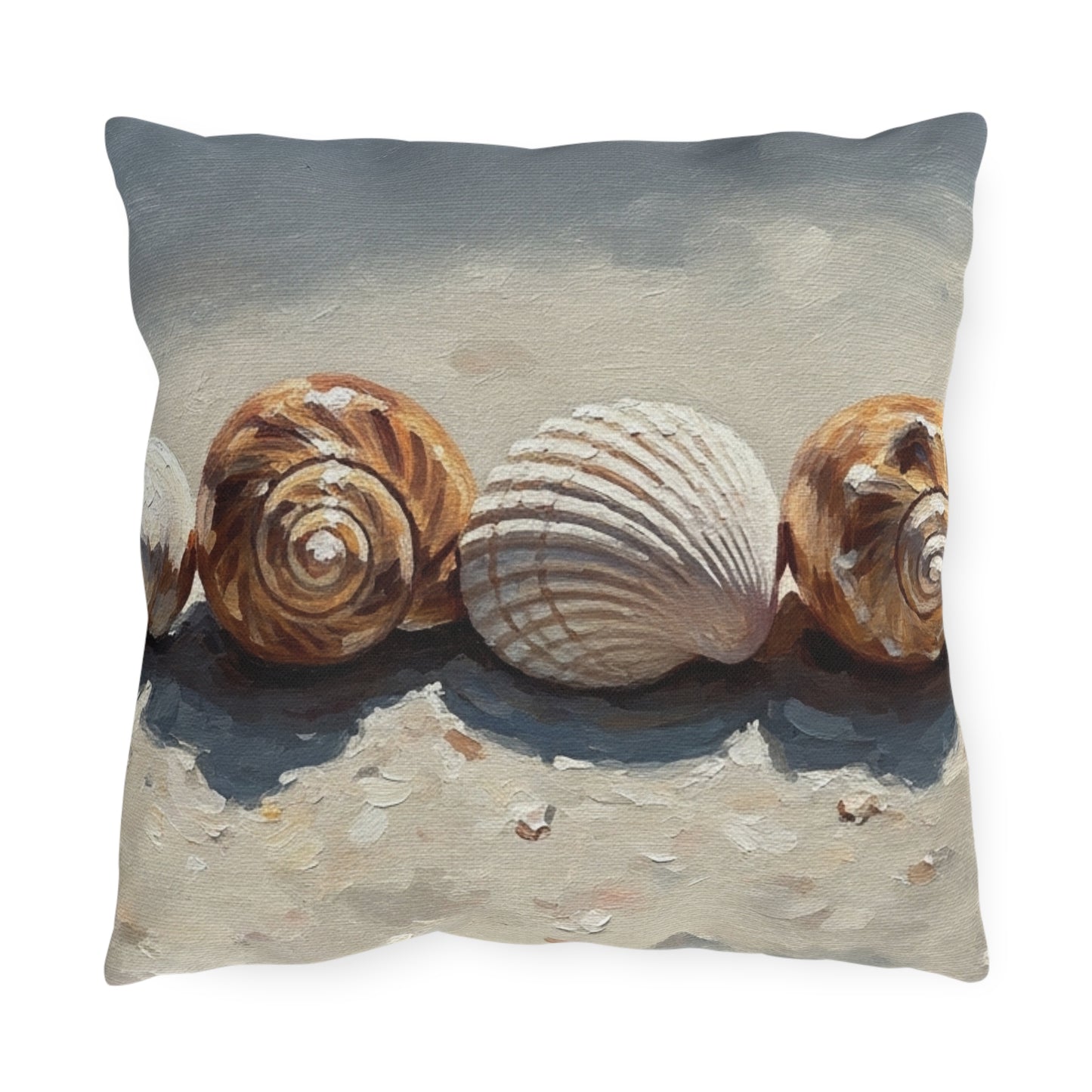 Decorative pillow with shell design on a white background