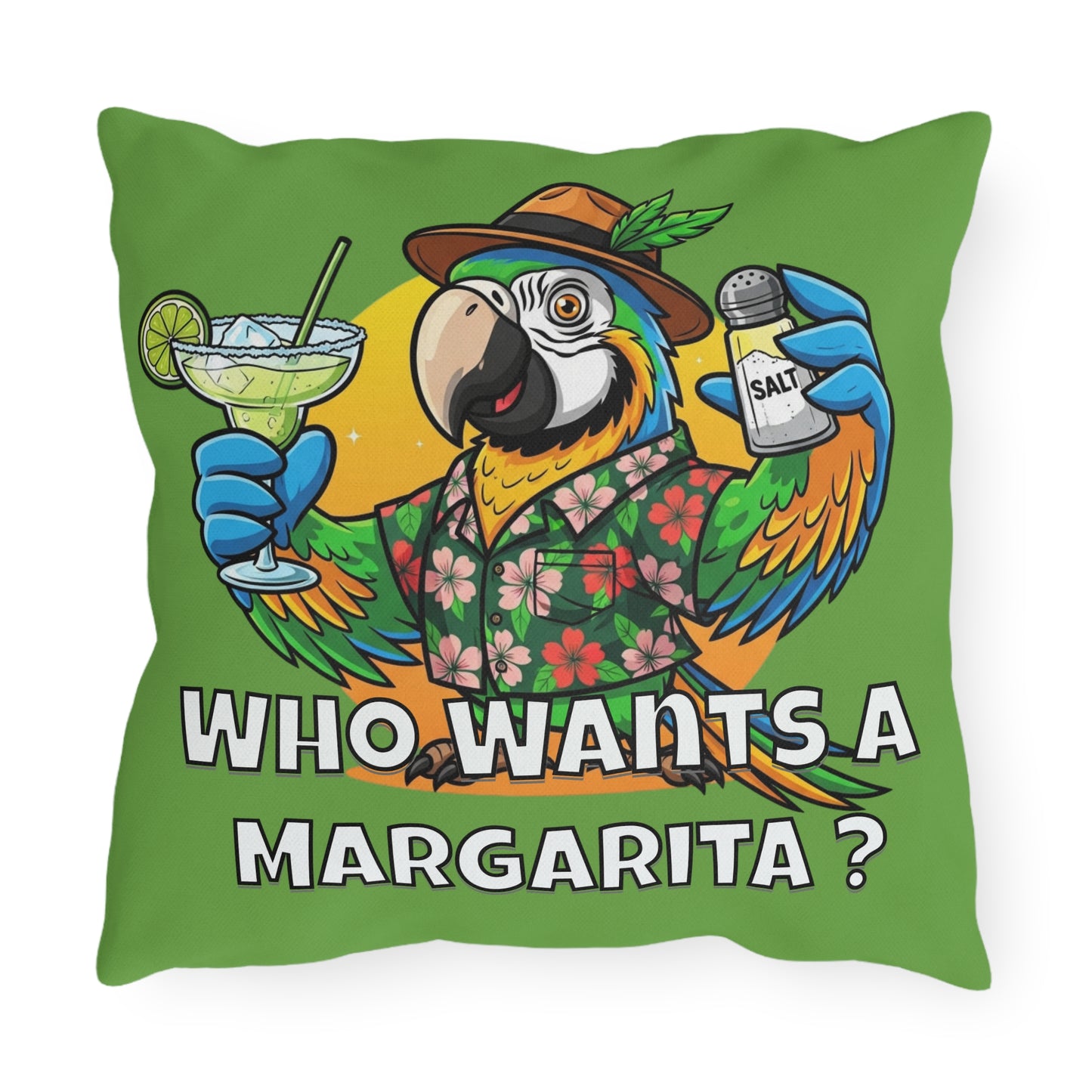 Pillow with a colorful parrot design holding a margarita and salt shaker, with text 'Who Wants a Margarita?' on a green background.