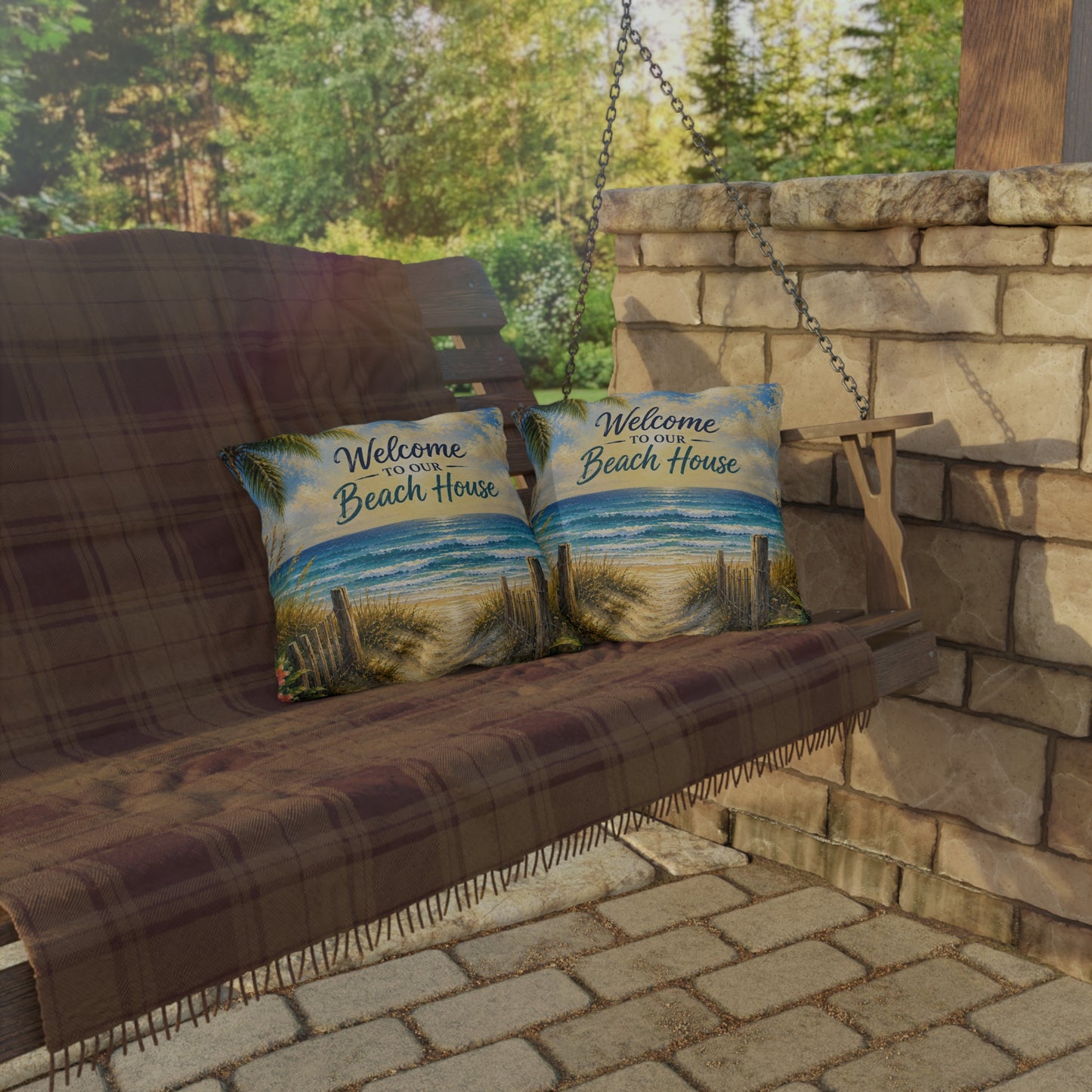 Welcome to Our Beach House Outdoor Pillow — Coastal Decorative Accent for Patio, Porch & Beach Home