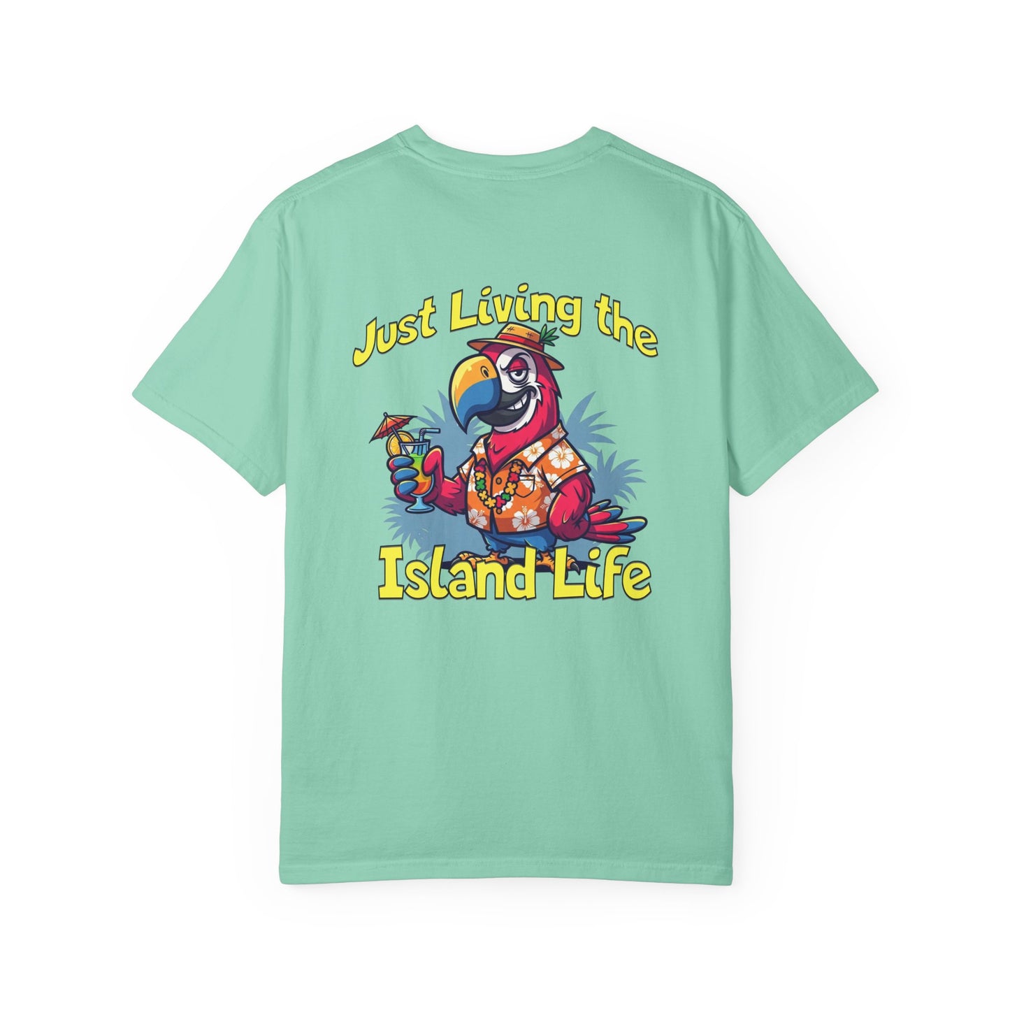 Mint green t-shirt with a parrot graphic and 'Just Living the Island Life' text on a white background