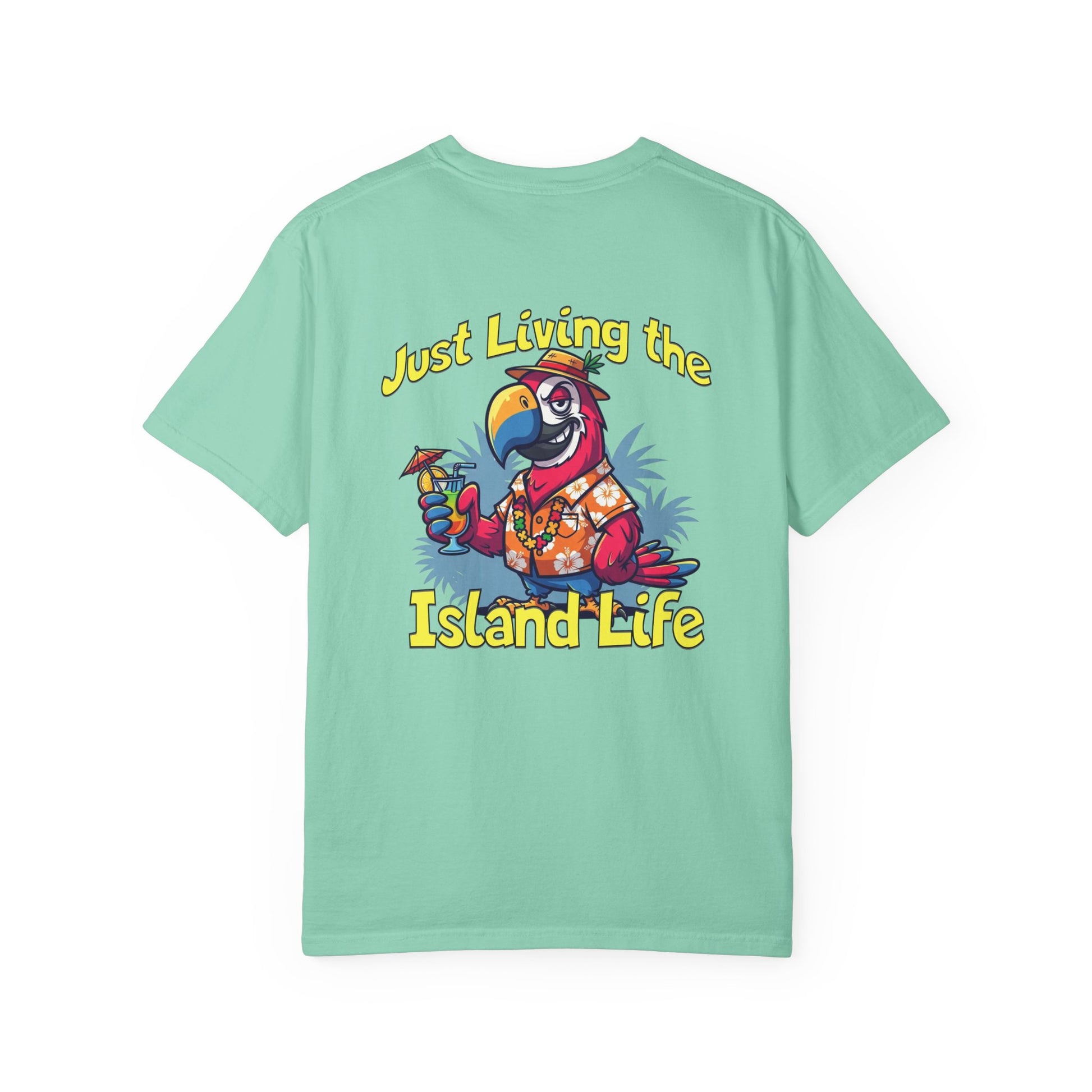Mint green t-shirt with a parrot graphic and 'Just Living the Island Life' text on a white background