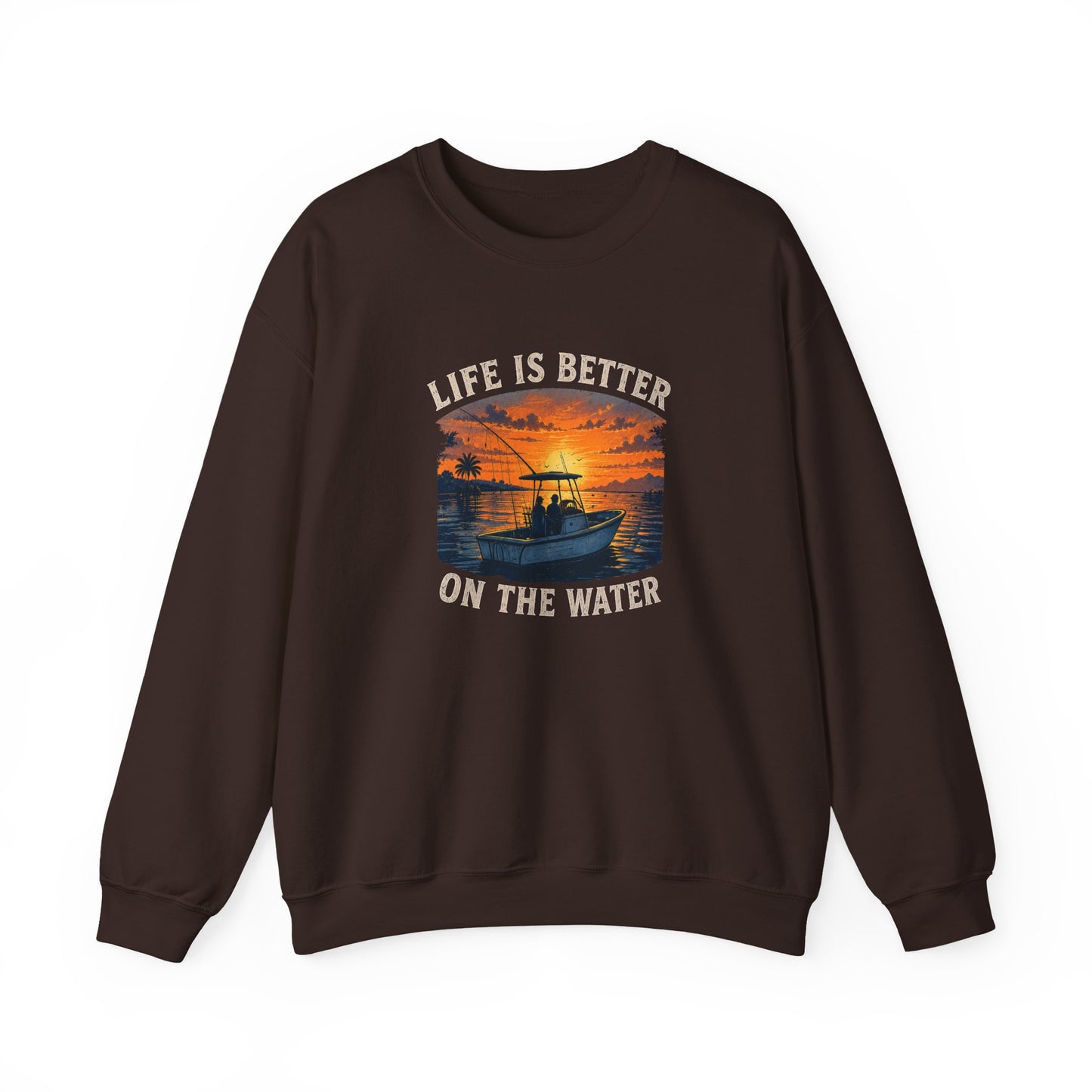 "Life Is Better On The Water" Crewneck Sweatshirt -Boat Sunset Graphic