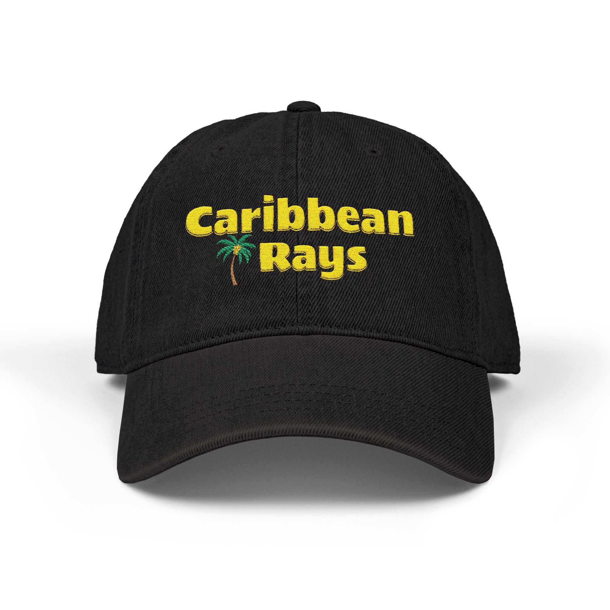 Black cap with 'Caribbean Rays' text and palm tree on a white background
