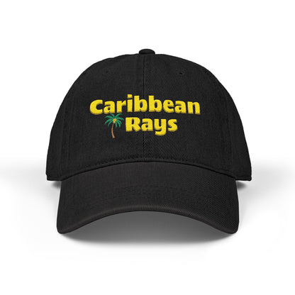 Black cap with 'Caribbean Rays' text and palm tree on a white background
