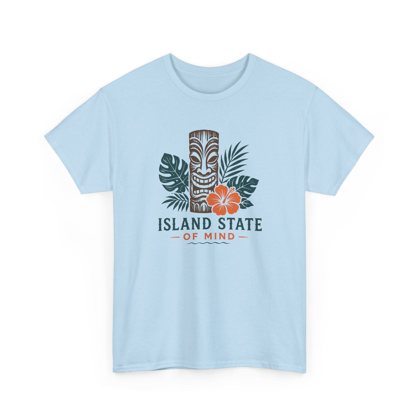 Island State of Mind T-Shirt — Tropical Tiki Tee with Hibiscus & Palm Leaves
