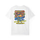 White t-shirt with a colorful tiki bar graphic and text on a white background