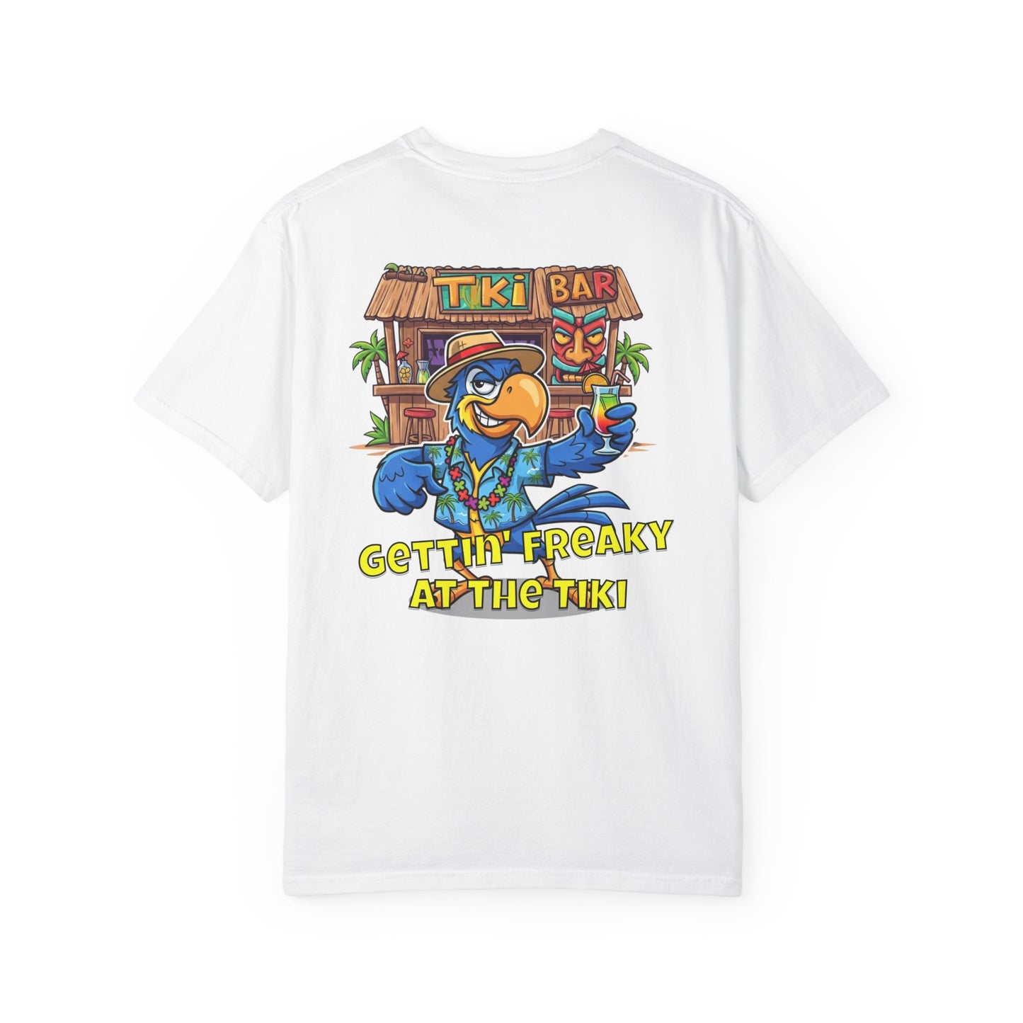 White t-shirt with a colorful tiki bar graphic and text on a white background