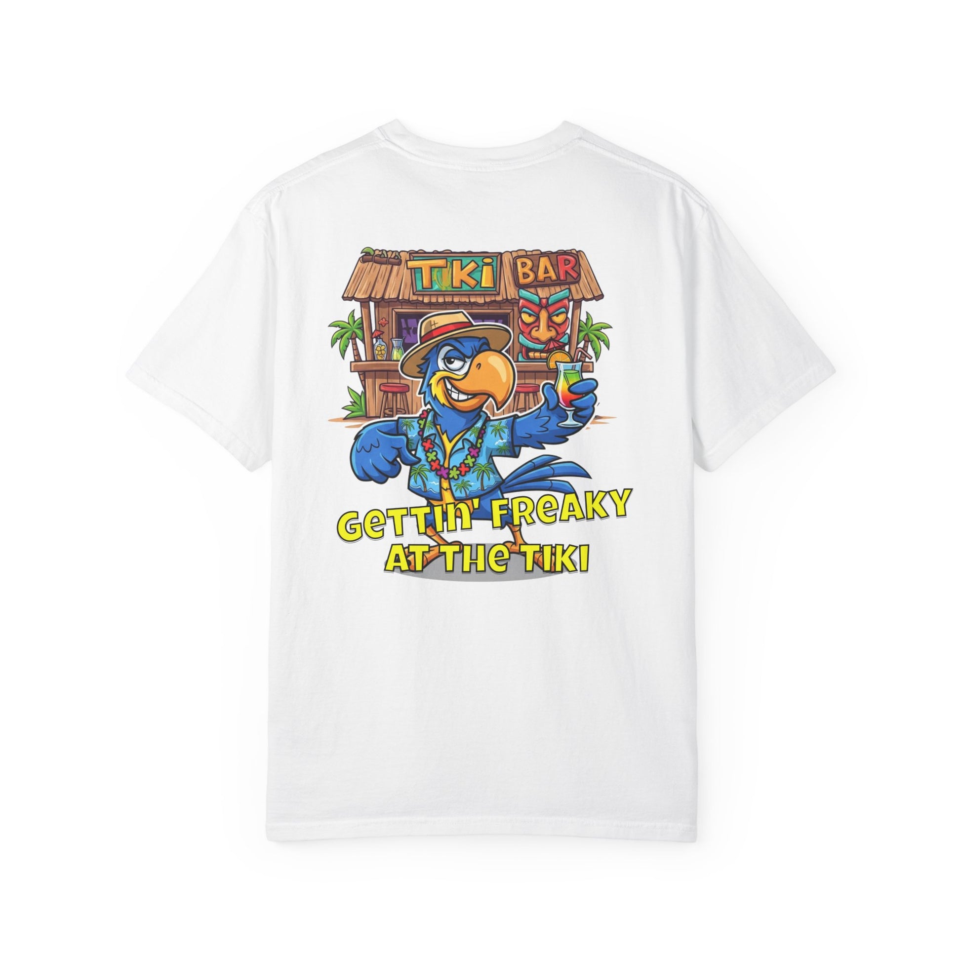 White t-shirt with a colorful tiki bar graphic and text on a white background
