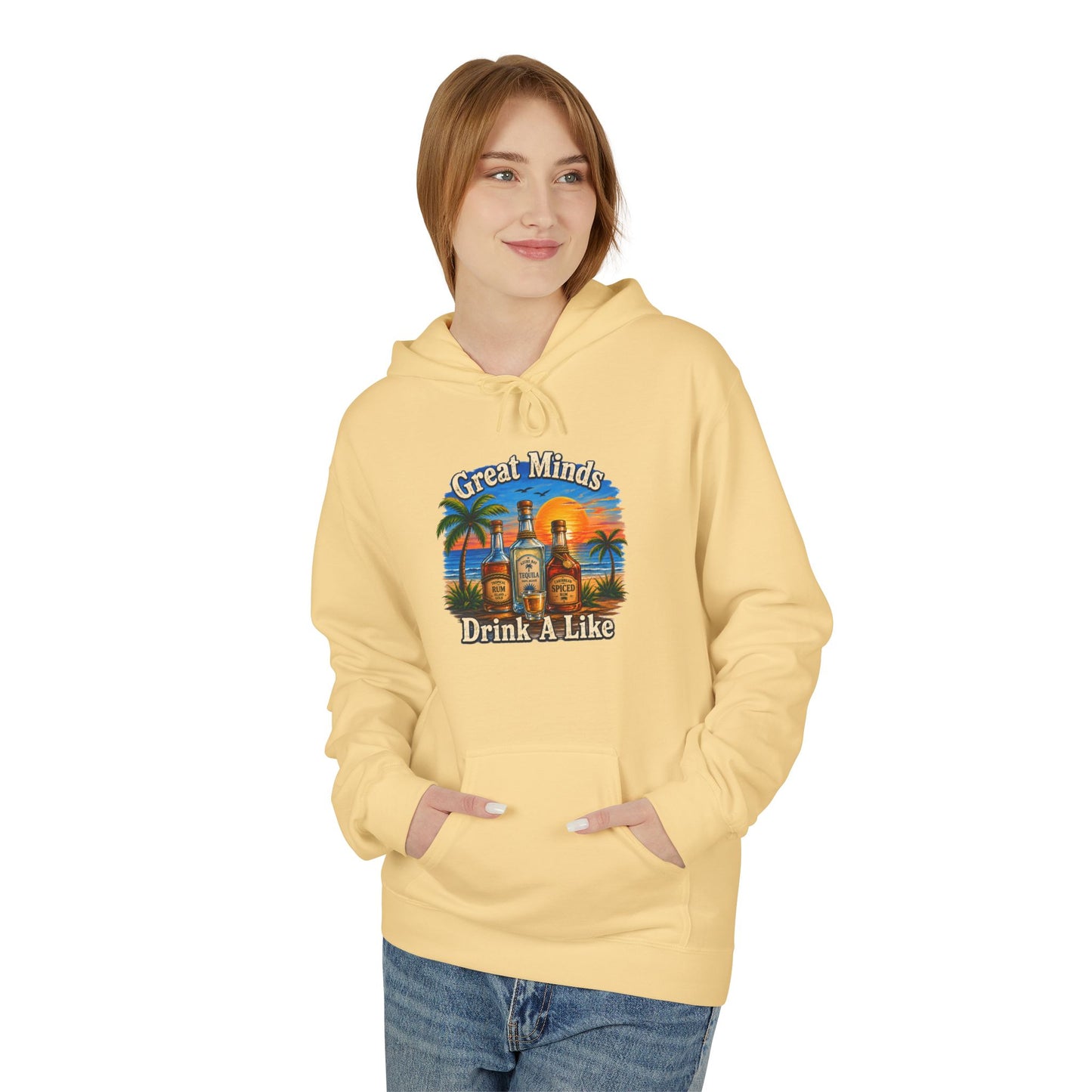 Great Minds Drink Alike Hoodie — Tropical Sunset Palm Beach Graphic Sweatshirt