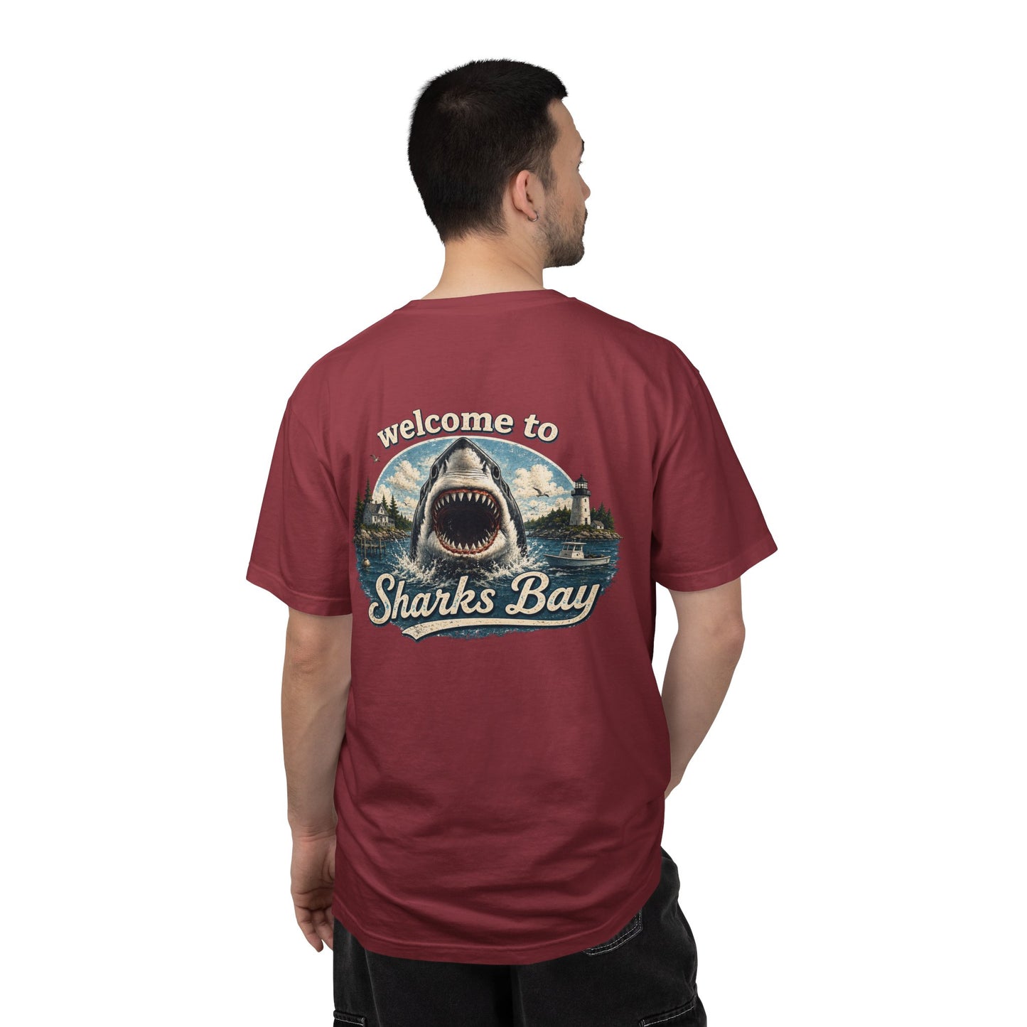 Sharks Bay T-Shirt — "Welcome to Sharks Bay" Vintage Shark Graphic Tee