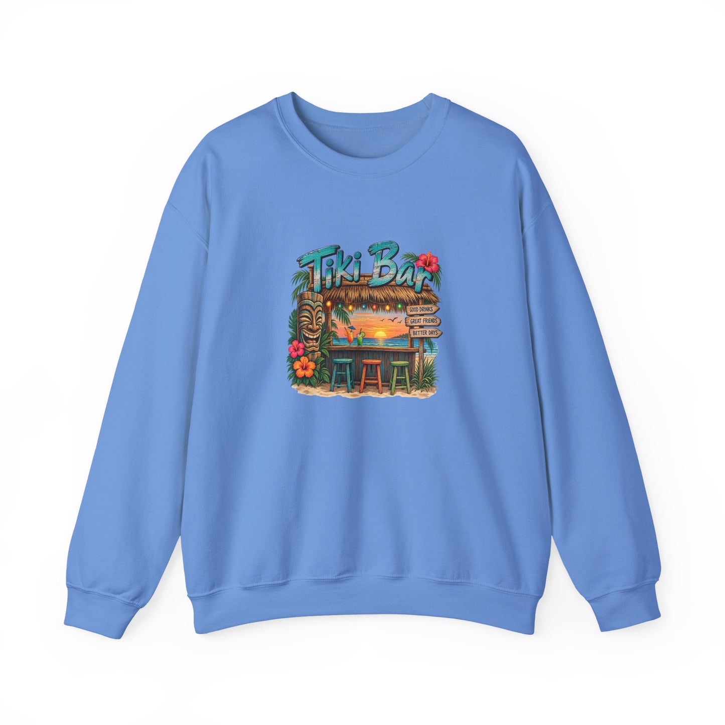 Tiki Bar Crewneck Sweatshirt — Retro Tropical Sunset Design