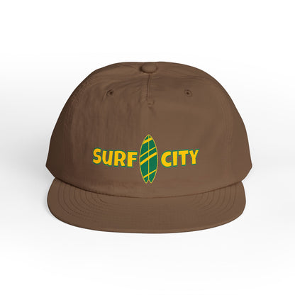 Brown cap with 'Surf City' logo on a white background