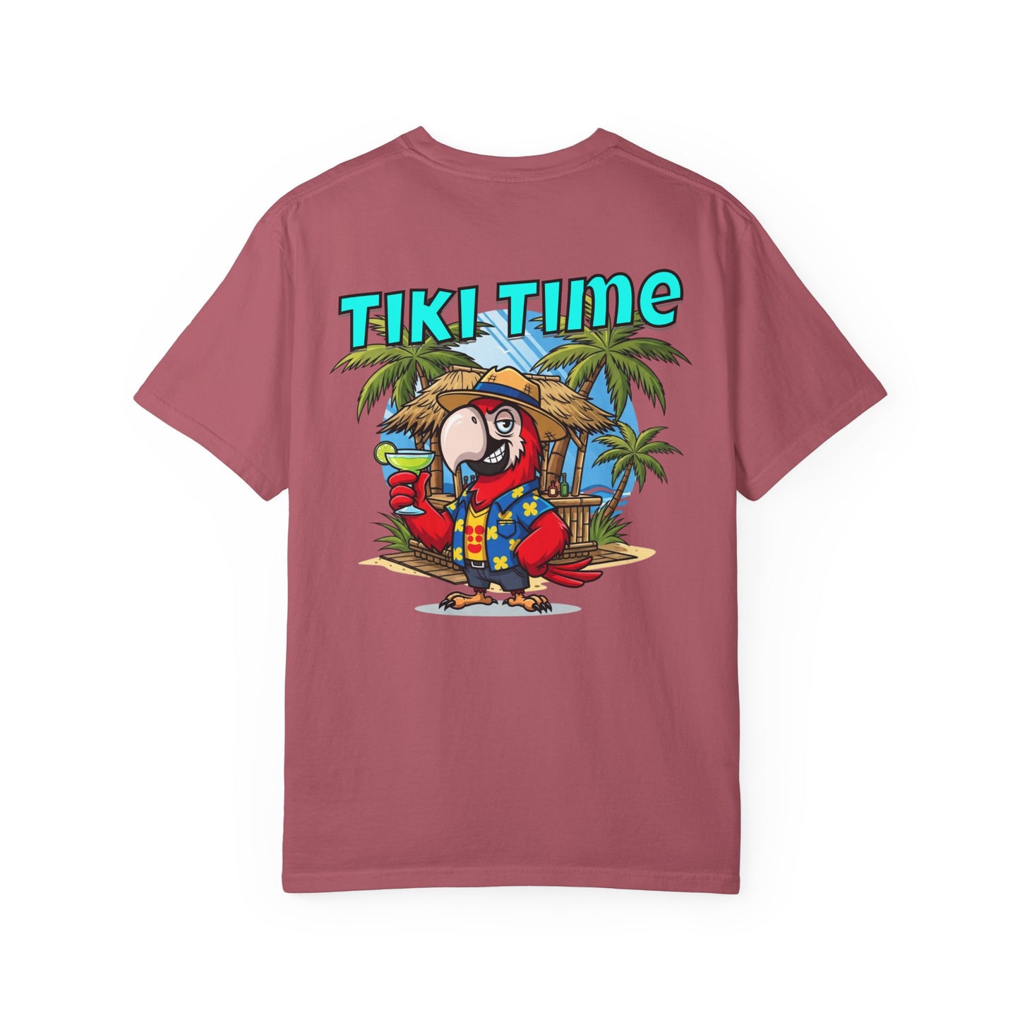 Maroon t-shirt with 'Tiki Time' graphic featuring a parrot and palm trees on a white background.