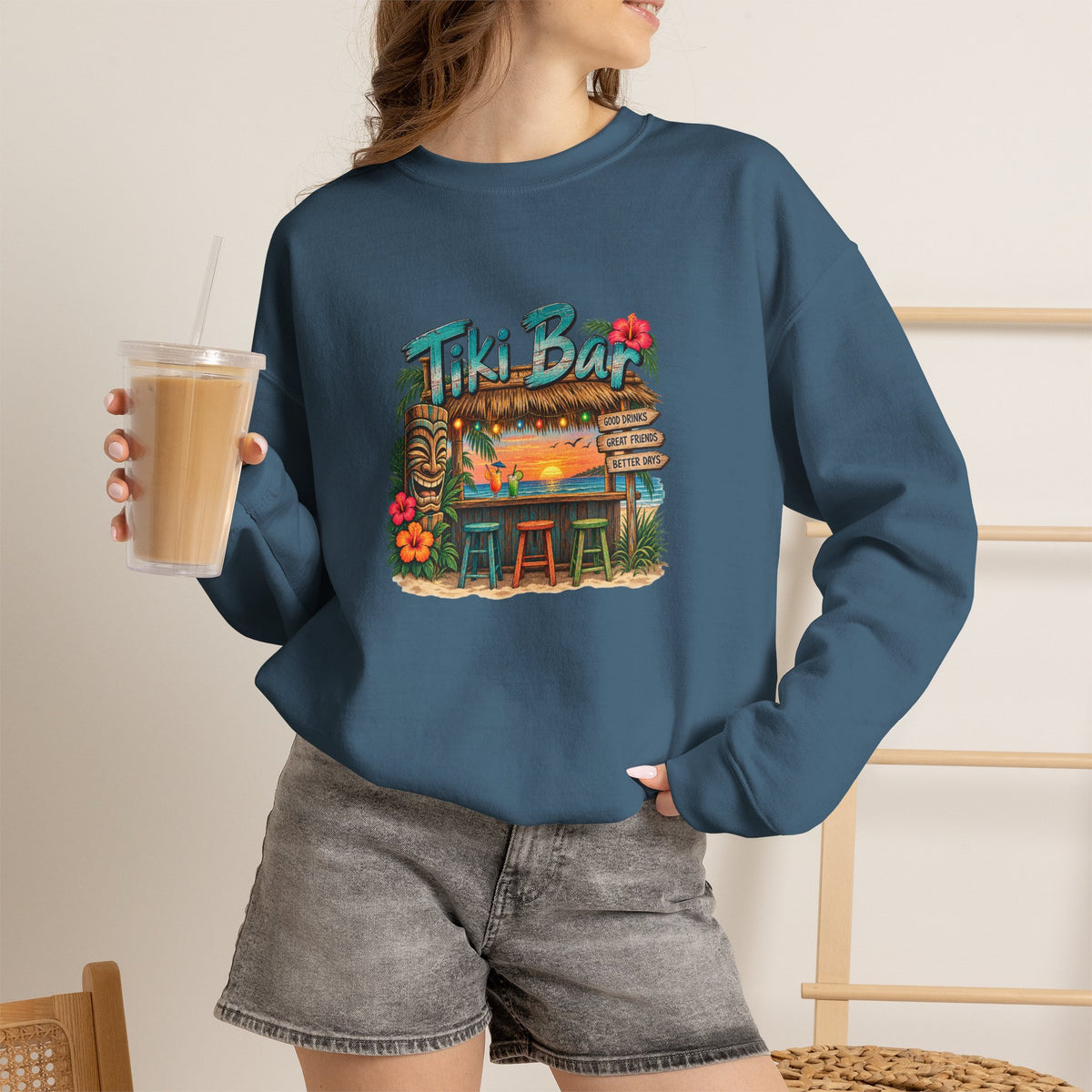 Tiki Bar Crewneck Sweatshirt — Retro Tropical Sunset Design