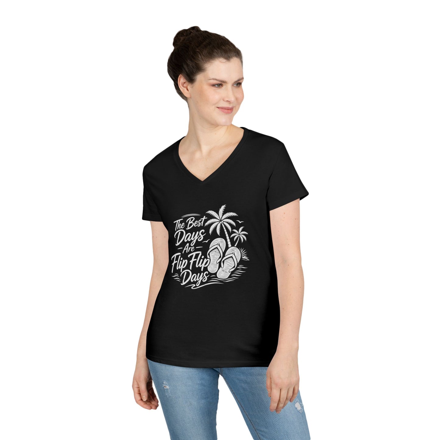 Women's black V-neck T-shirt with flip-flop beach graphic print