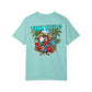 Light blue t-shirt with a tropical parrot graphic and 'Tiki Time' text on the back.