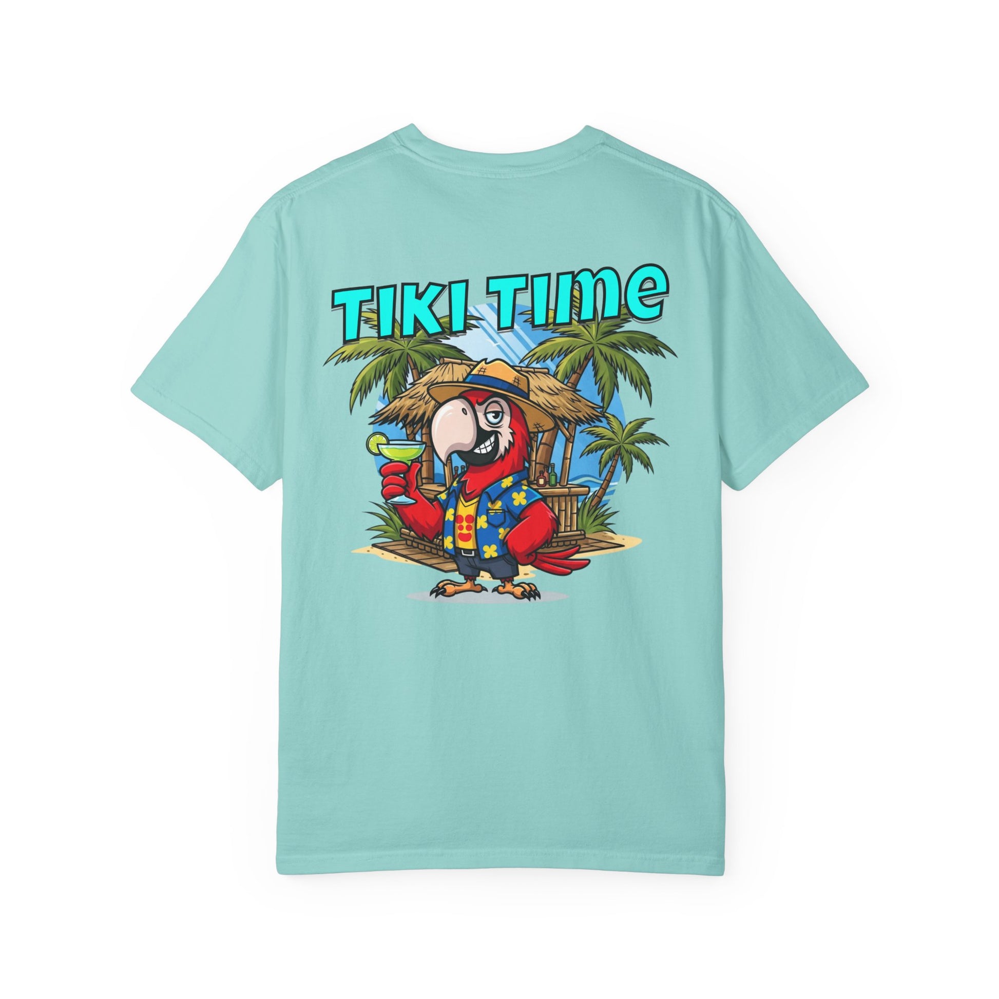 Light blue t-shirt with a tropical parrot graphic and 'Tiki Time' text on the back.