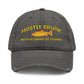 Gray cap with yellow text and fish graphic on a white background