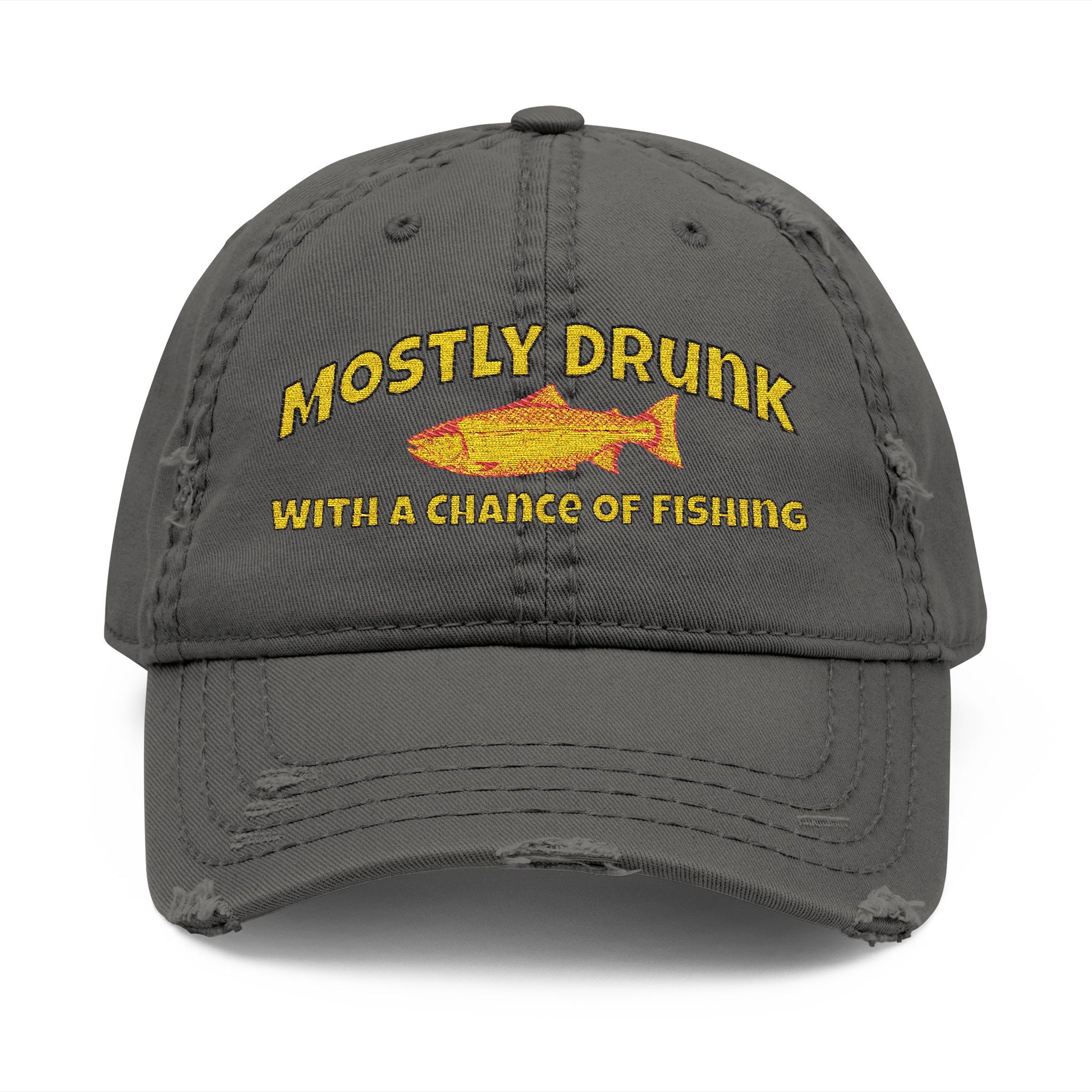 Gray cap with yellow text and fish graphic on a white background