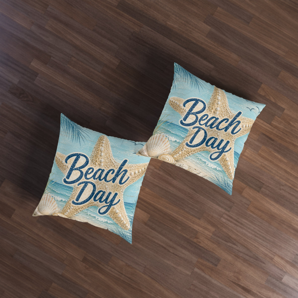 Square tufted floor pillow set, light blue 'Beach Day' with starfish and seashell pattern.