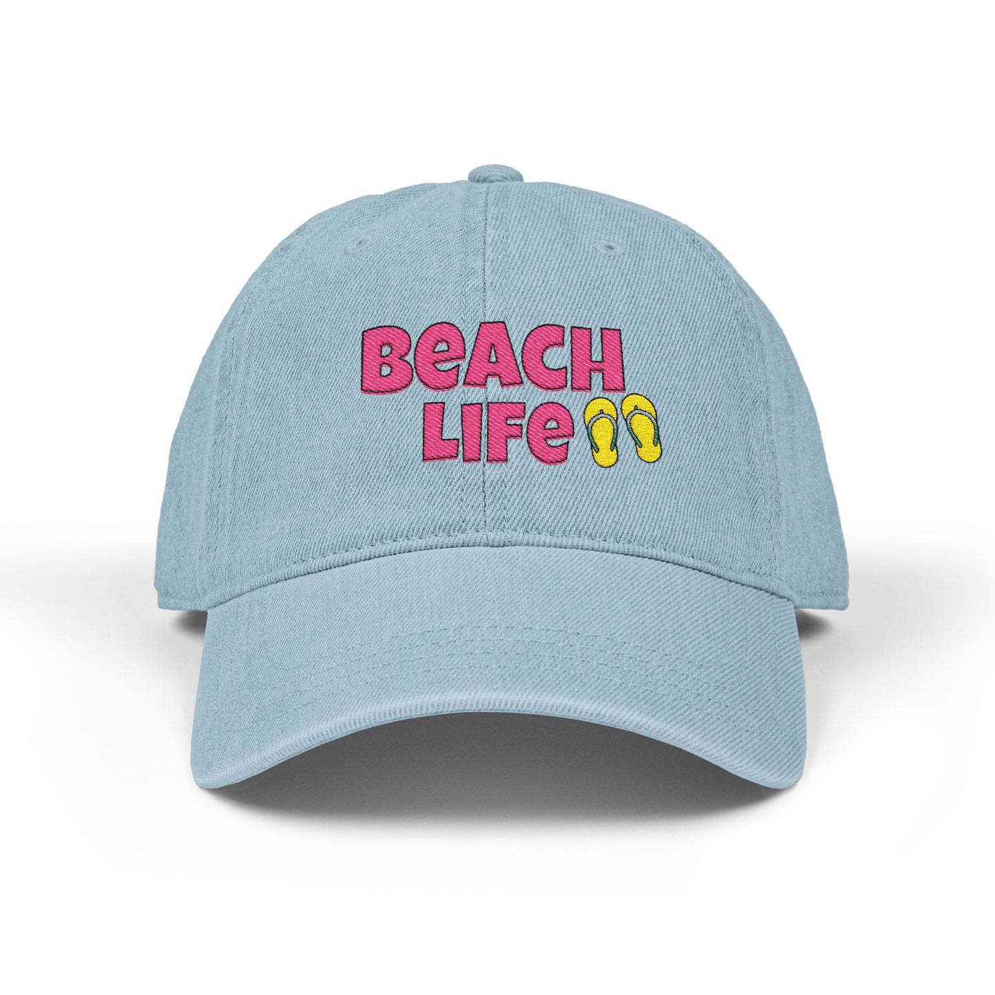 Light blue cap with 'Beach Life' text and flip-flop icons on a white background