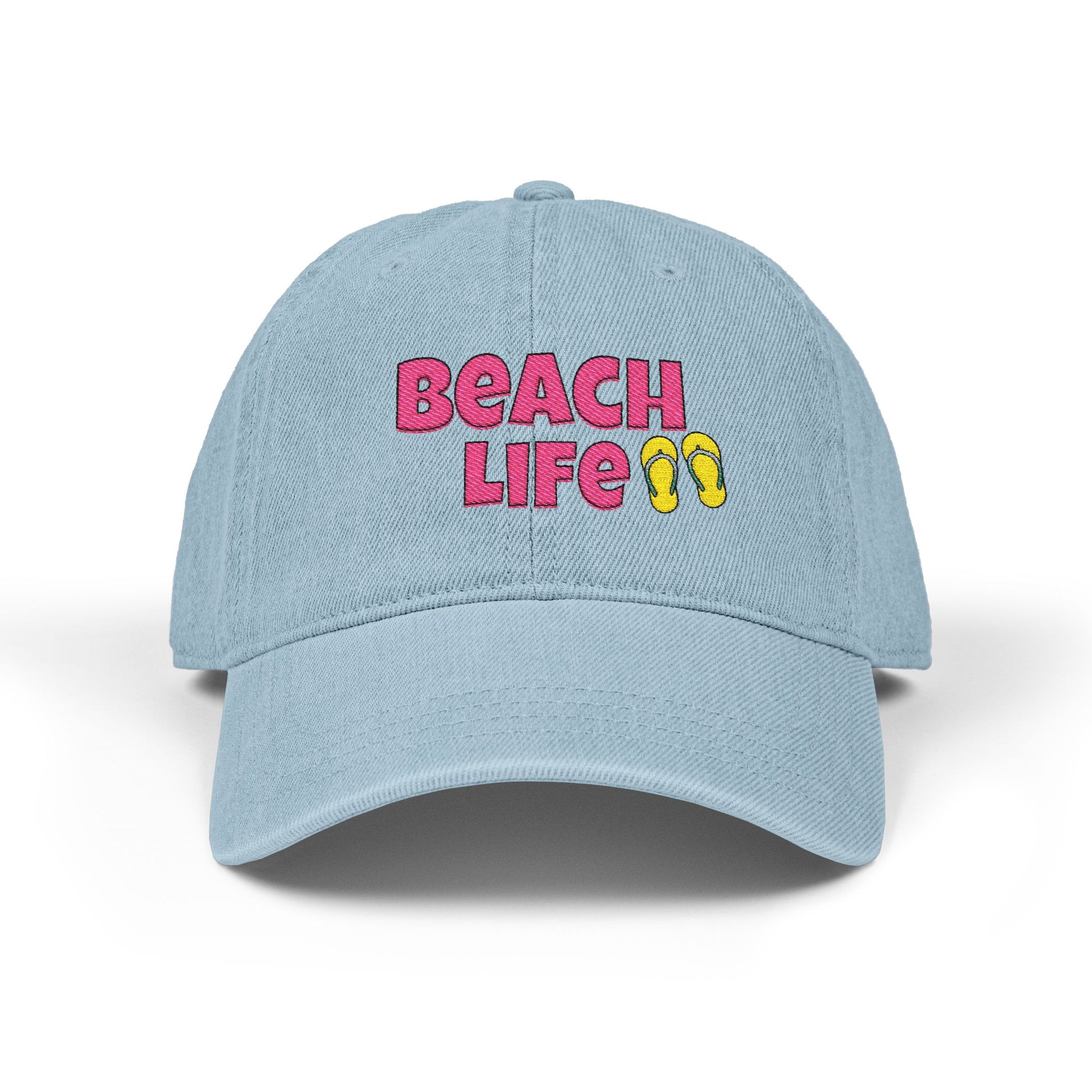 Light blue cap with 'Beach Life' text and flip-flop icons on a white background