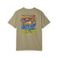 Khaki t-shirt with a colorful graphic of a parrot and tiki bar on the back, on a white background.