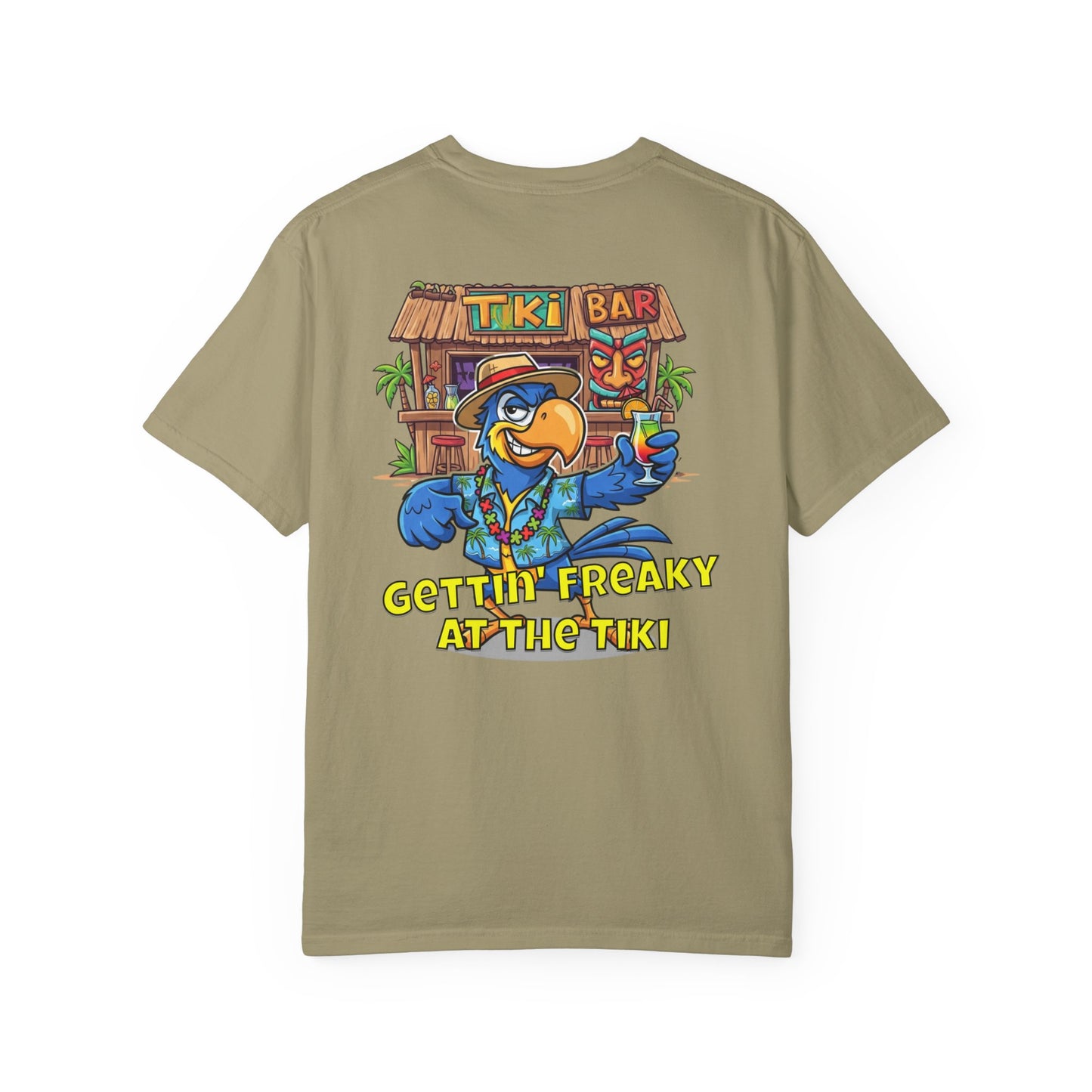 Khaki t-shirt with a colorful graphic of a parrot and tiki bar on the back, on a white background.