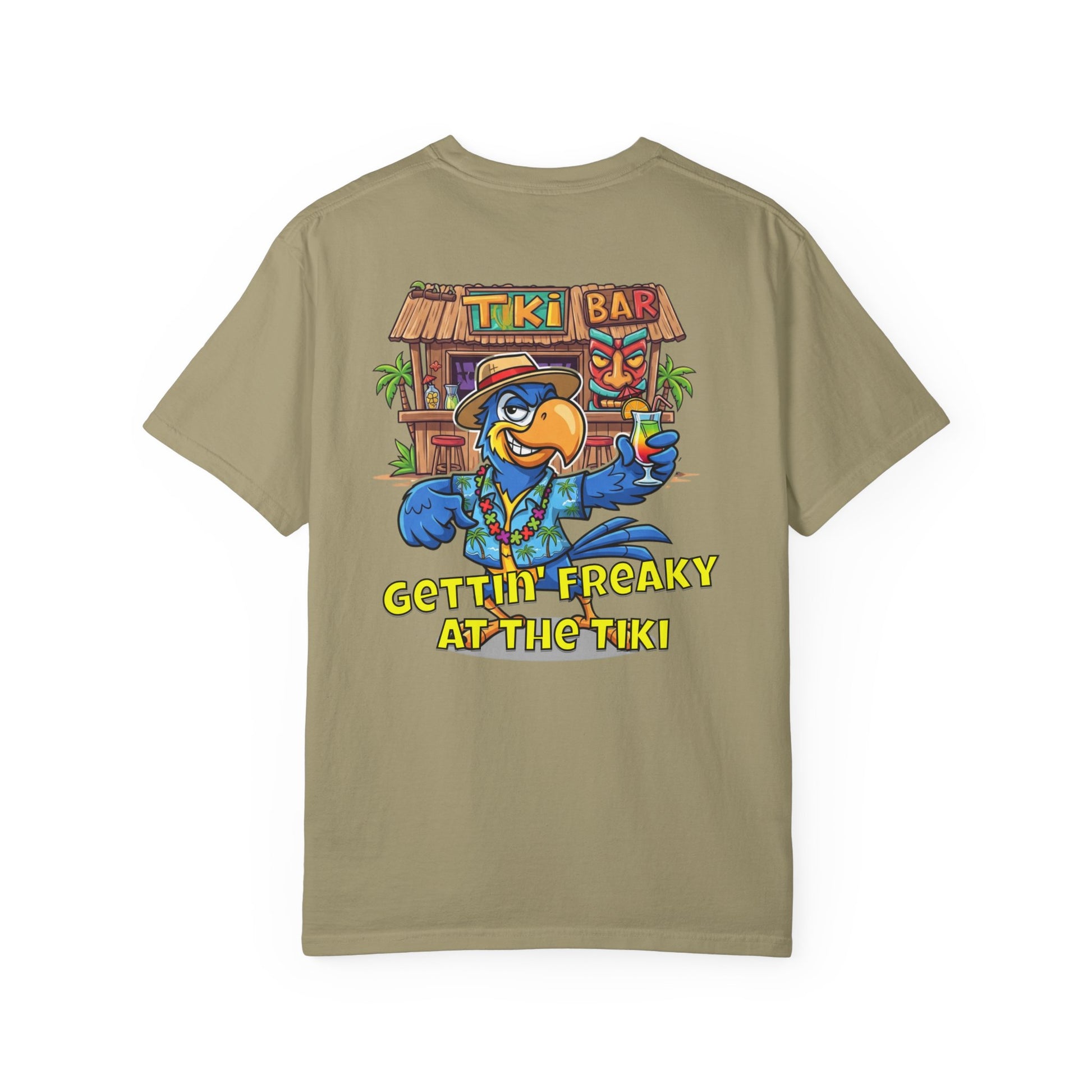 Khaki t-shirt with a colorful graphic of a parrot and tiki bar on the back, on a white background.