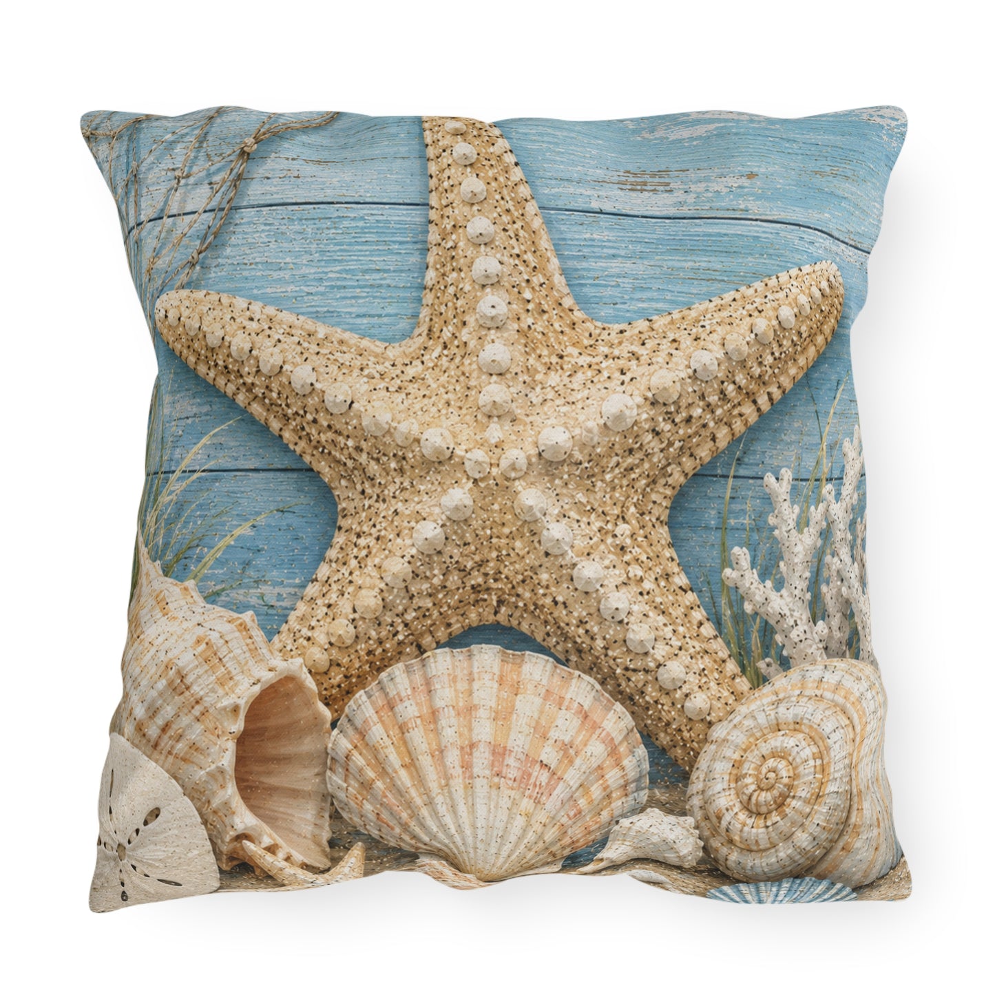 Coastal Starfish Outdoor Pillow — Beach Seashell Patio Cushion