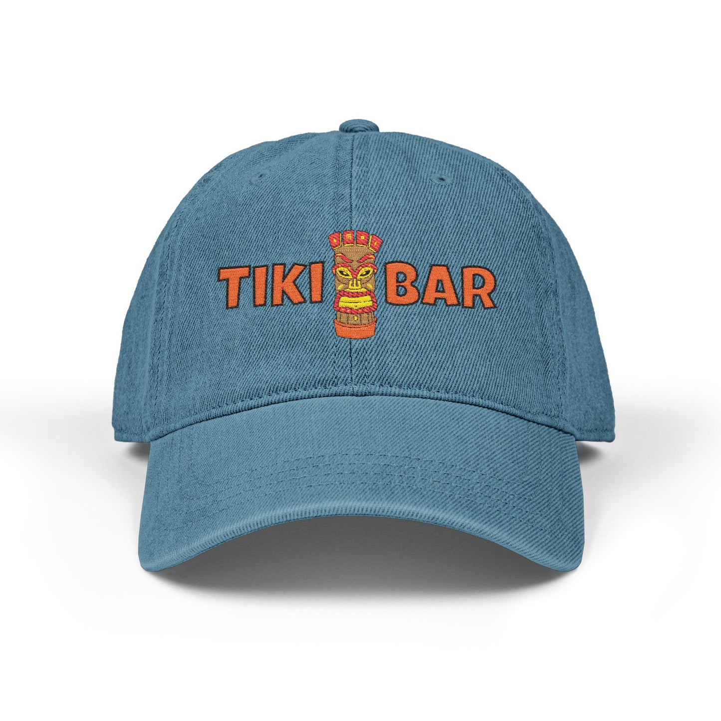 Blue cap with 'TIKI BAR' text and tiki graphic on a white background