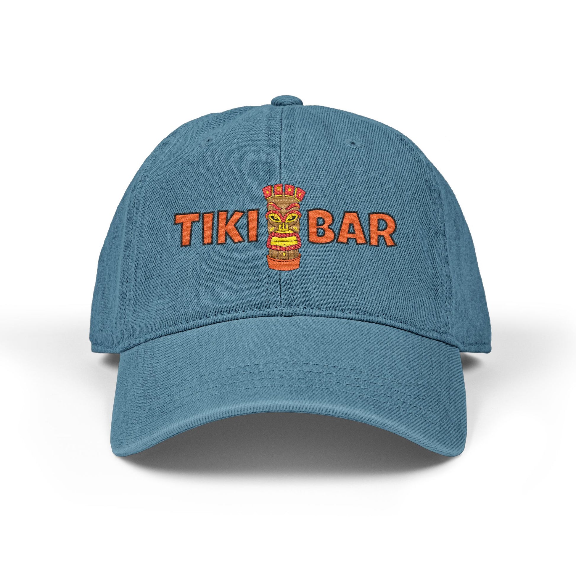 Blue cap with 'TIKI BAR' text and tiki graphic on a white background