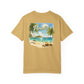 Beige t-shirt with a tropical beach graphic and 'Paradise' text on the back.