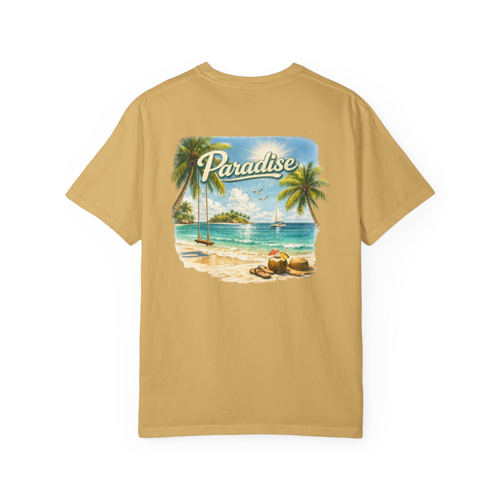 Beige t-shirt with a tropical beach graphic and 'Paradise' text on the back.