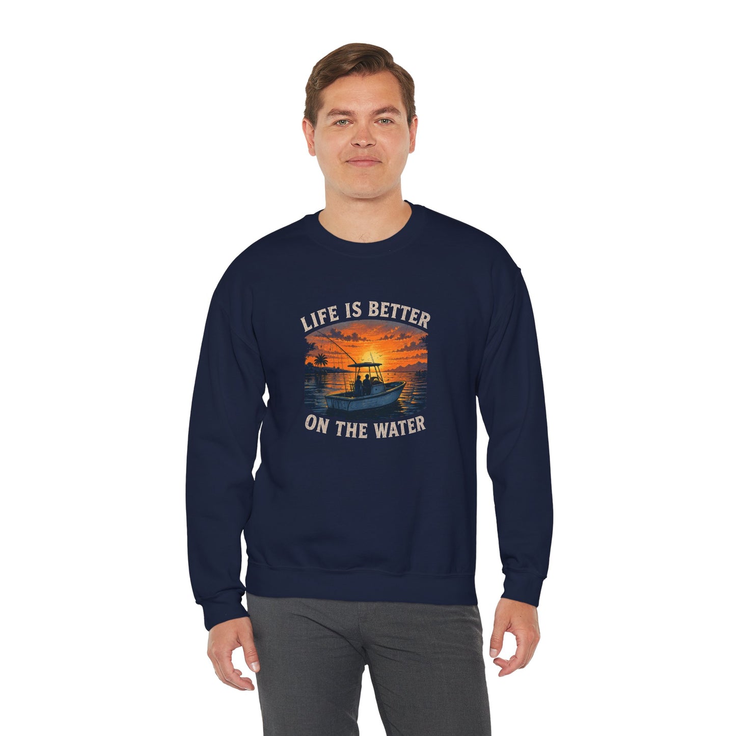 "Life Is Better On The Water" Crewneck Sweatshirt -Boat Sunset Graphic