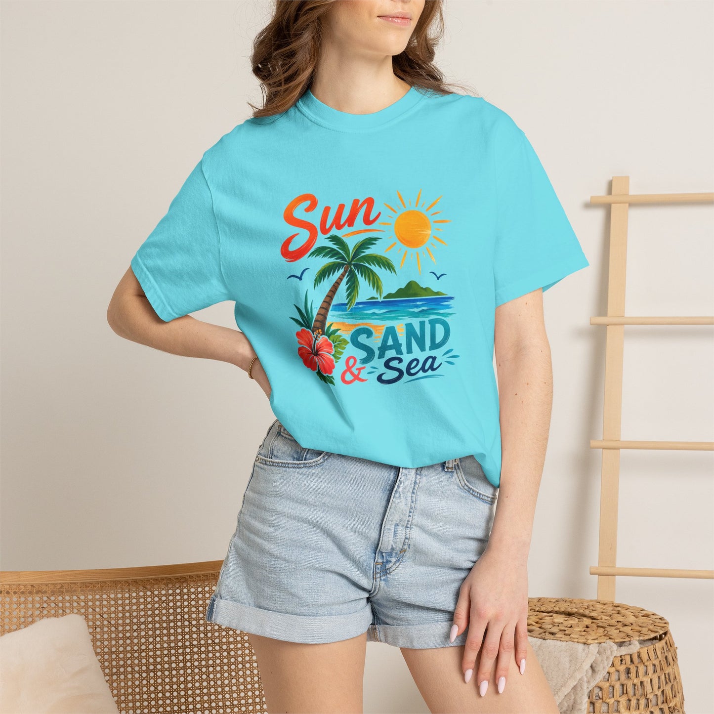 Sun, Sand & Sea T-Shirt – Tropical Beach Palm Tree Graphic Tee