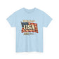 Light blue t-shirt with American flag graphic and text on a white background