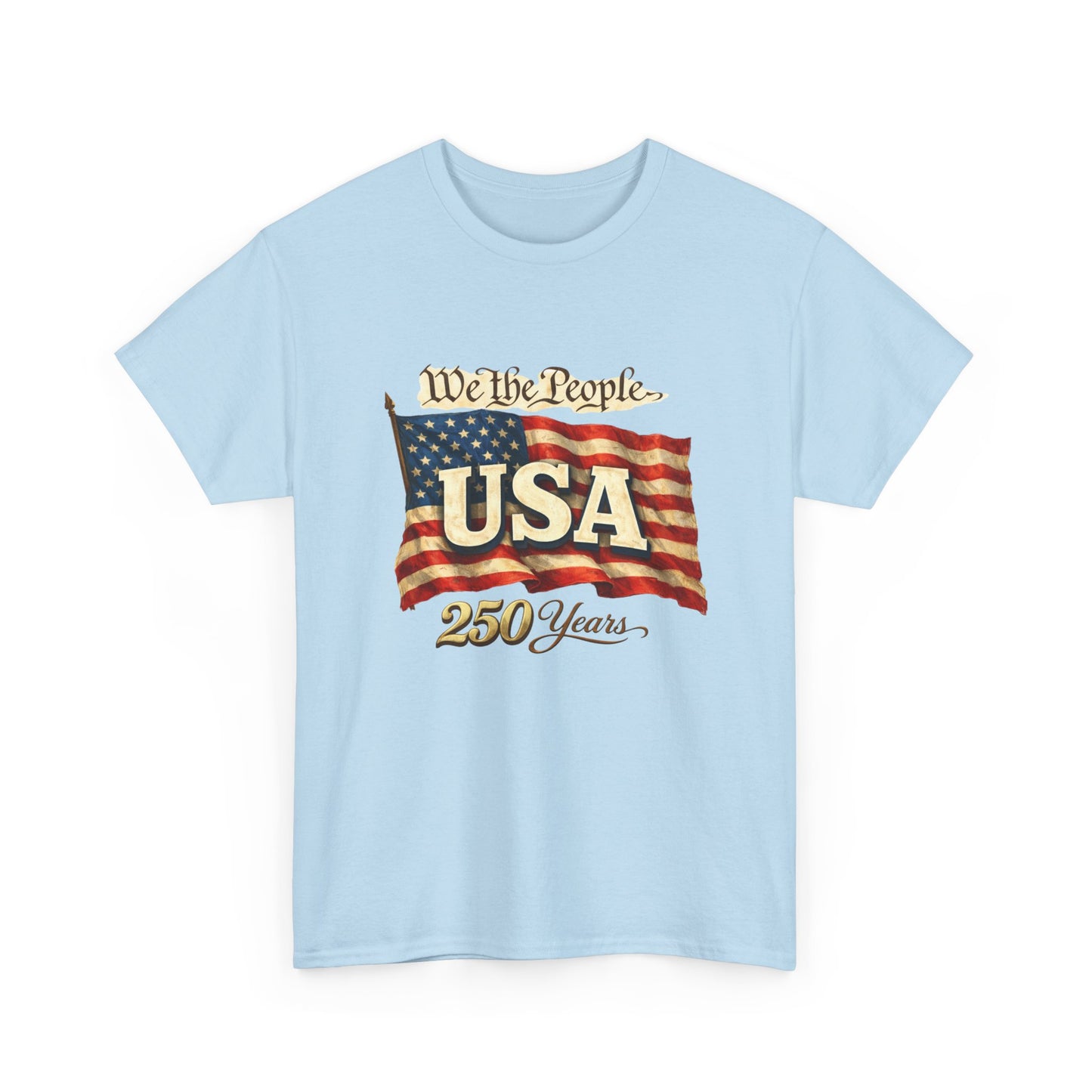 Light blue t-shirt with American flag graphic and text on a white background