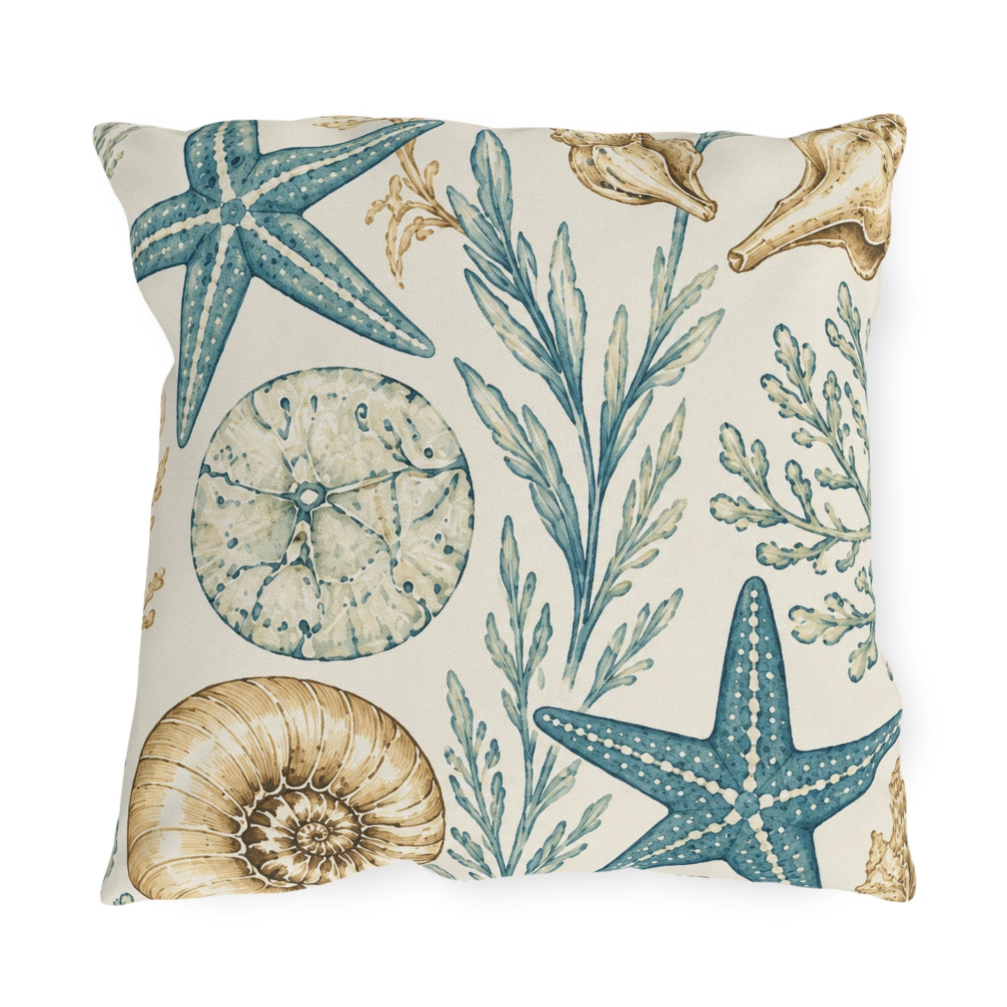 Coastal Shells Outdoor Pillow — Nautical Starfish & Seaweed Patio Cushion