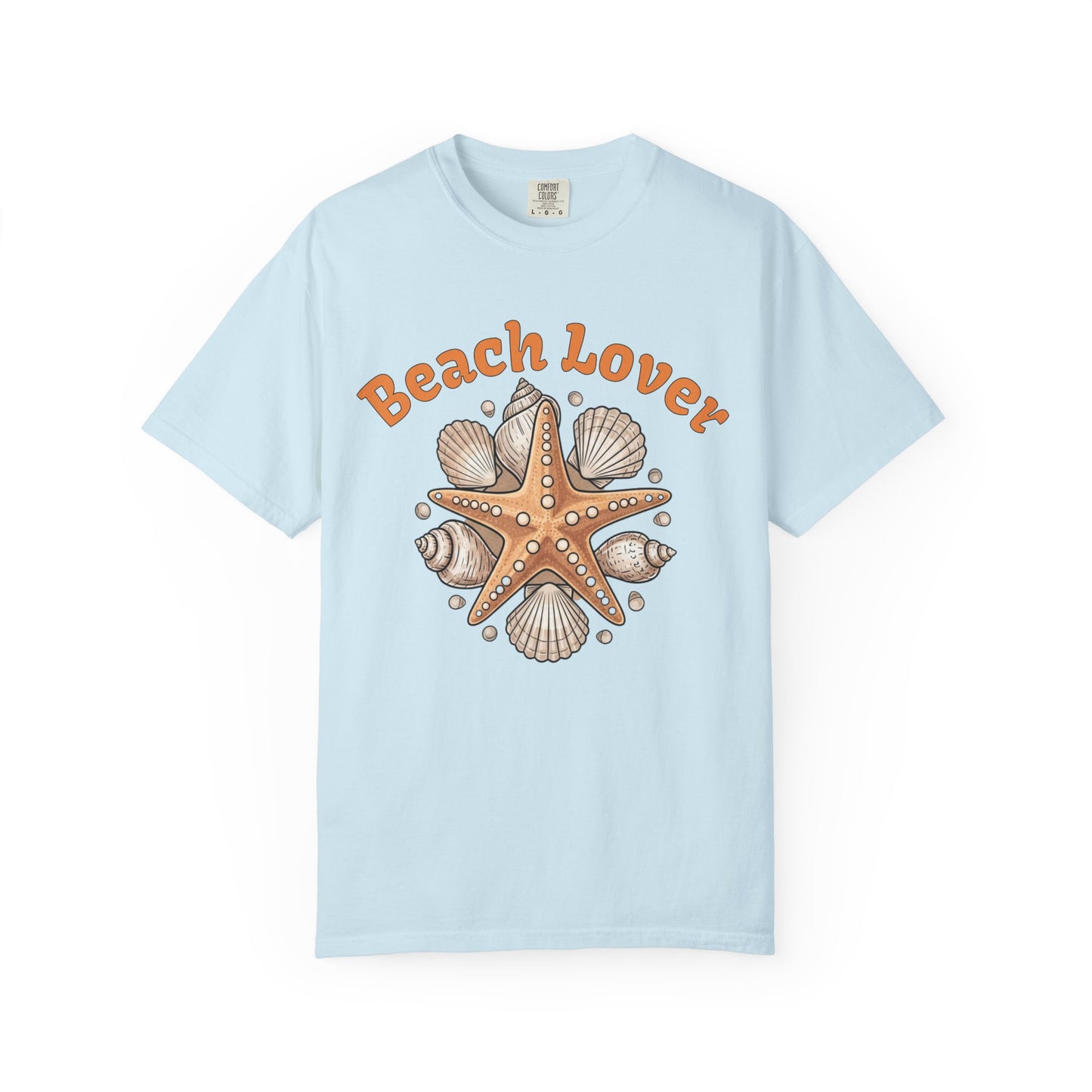 Light blue t-shirt with starfish and shell graphic and 'Beach Lover' text on a white background