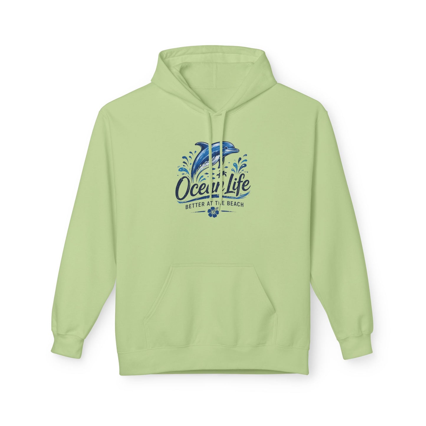 A light green pullover hoodie with a blue graphic on the chest showing a dolphin, waves, and the text 'Ocean Life Better At The Beach'.