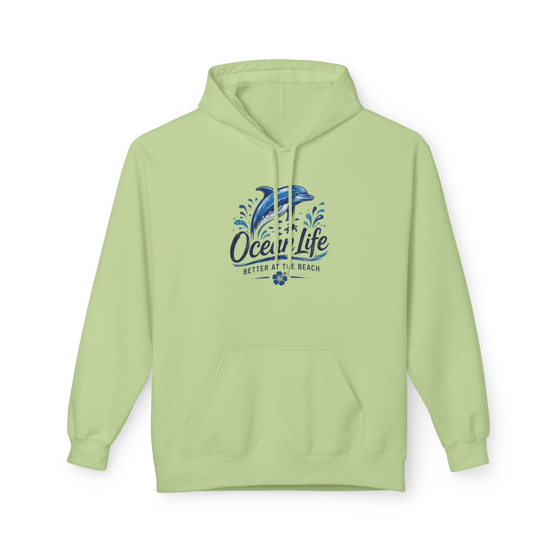 A light green pullover hoodie with a blue graphic on the chest showing a dolphin, waves, and the text 'Ocean Life Better At The Beach'.