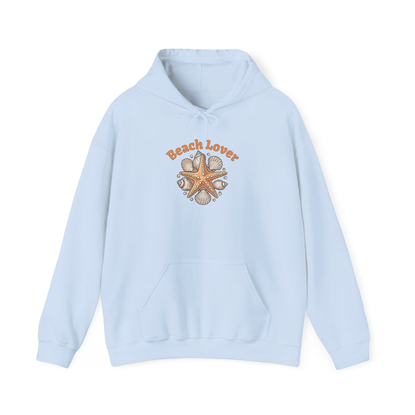 A light blue pullover hoodie with a 'Beach Lover' graphic on the chest, featuring an orange starfish and seashells, displayed on a clean white background.