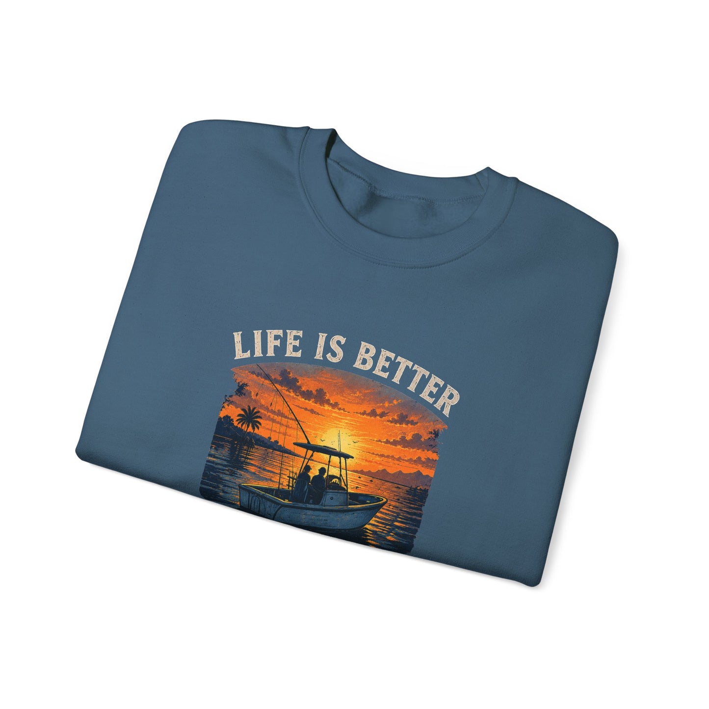 "Life Is Better On The Water" Crewneck Sweatshirt -Boat Sunset Graphic