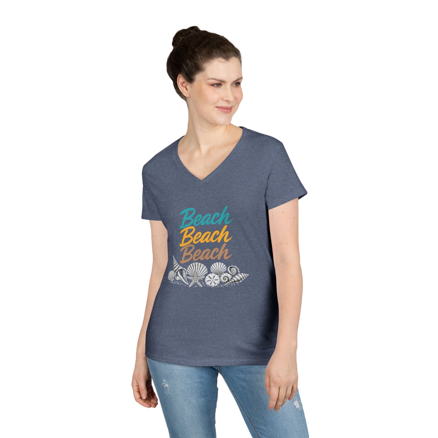 Beach Beach Beach Script V-Neck Tee — Women’s Casual Coastal T-Shirt