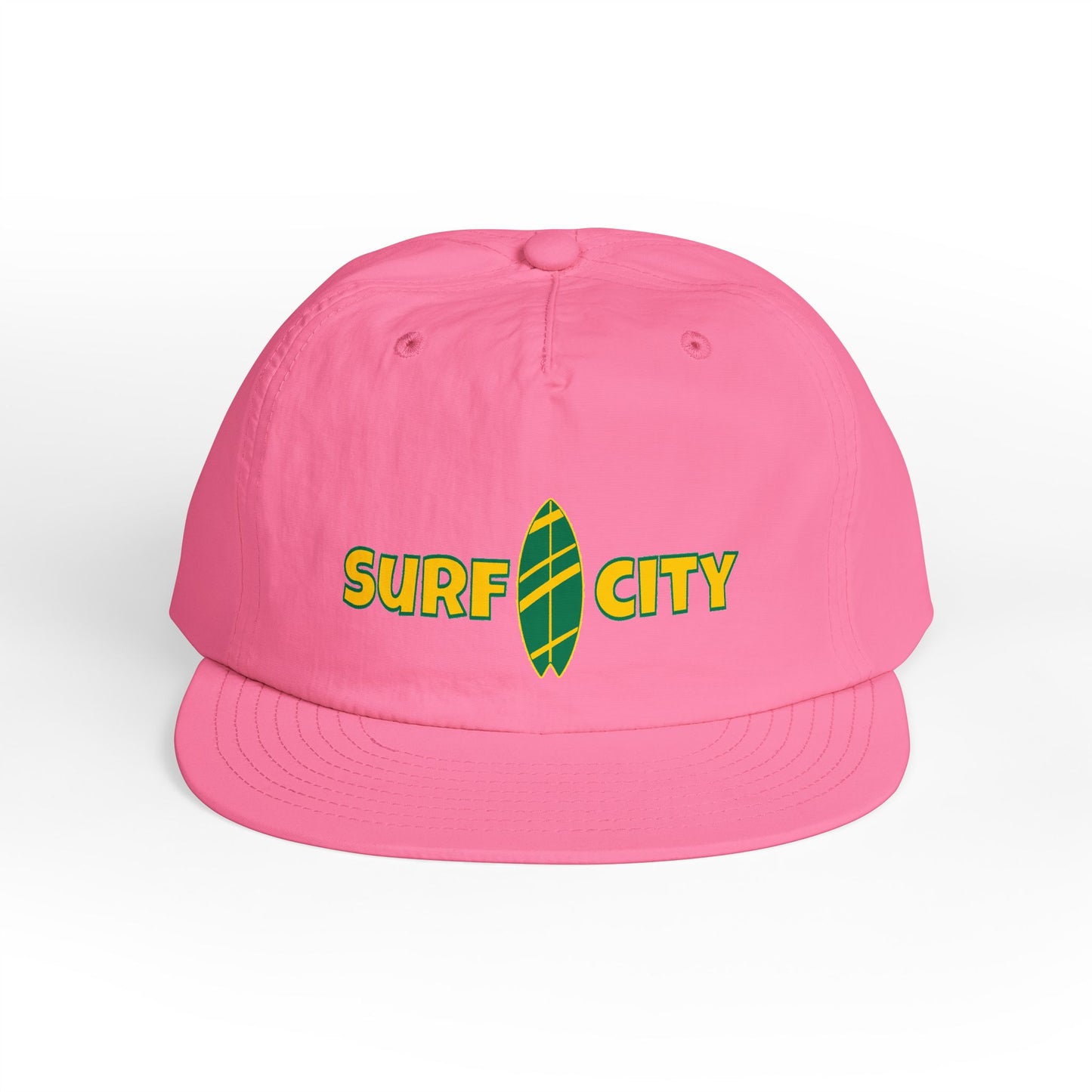 Pink cap with 'Surf City' text and surfboard graphic on a white background