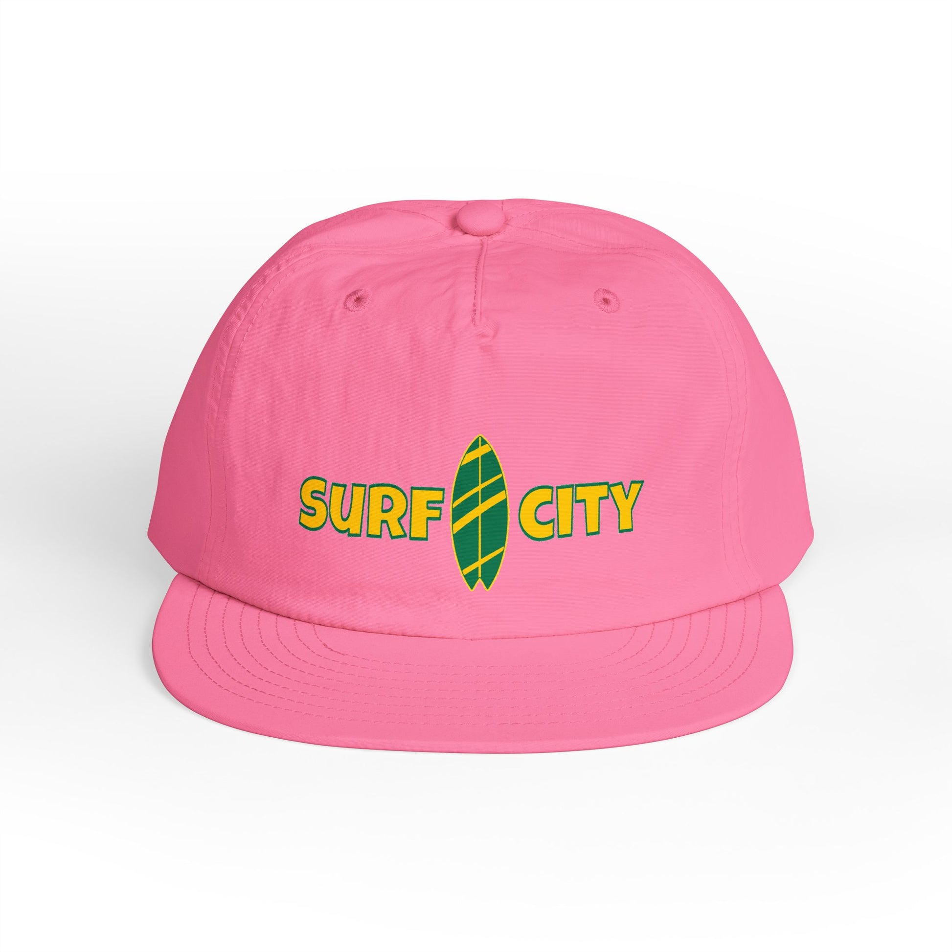 Pink cap with 'Surf City' text and surfboard graphic on a white background